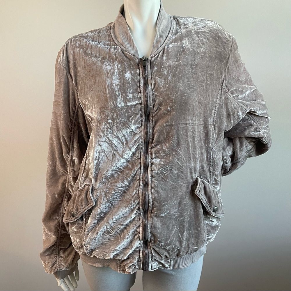 FREE PEOPLE Gray Crushed Velvet Bomber Zip Up Jacket